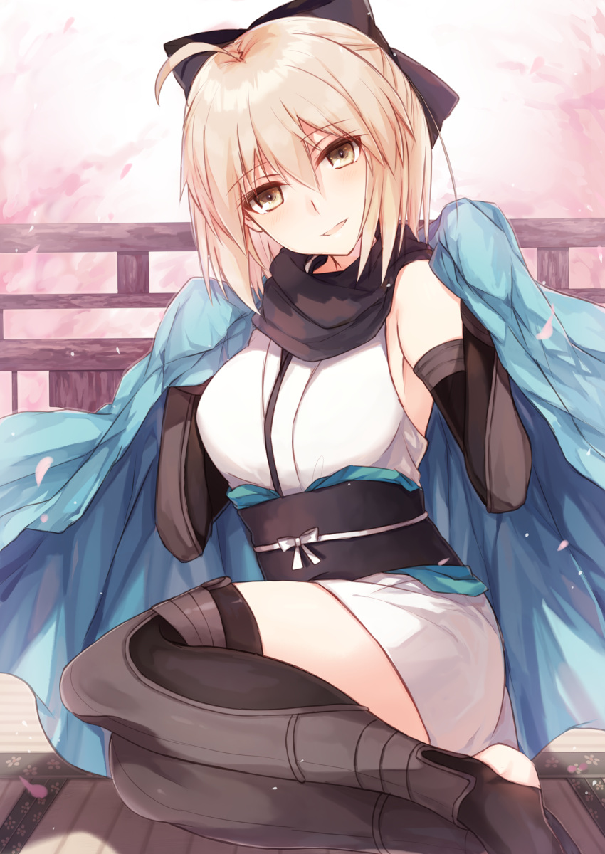 1girl ahoge black_bow black_legwear black_scarf blush bow breasts fate_(series) hair_between_eyes hair_bow haori highres japanese_clothes kimono kinona koha-ace looking_at_viewer medium_breasts obi parted_lips pink_hair sakura_saber sash scarf short_kimono sitting sleeveless sleeveless_kimono smile solo toeless_legwear white_kimono yellow_eyes