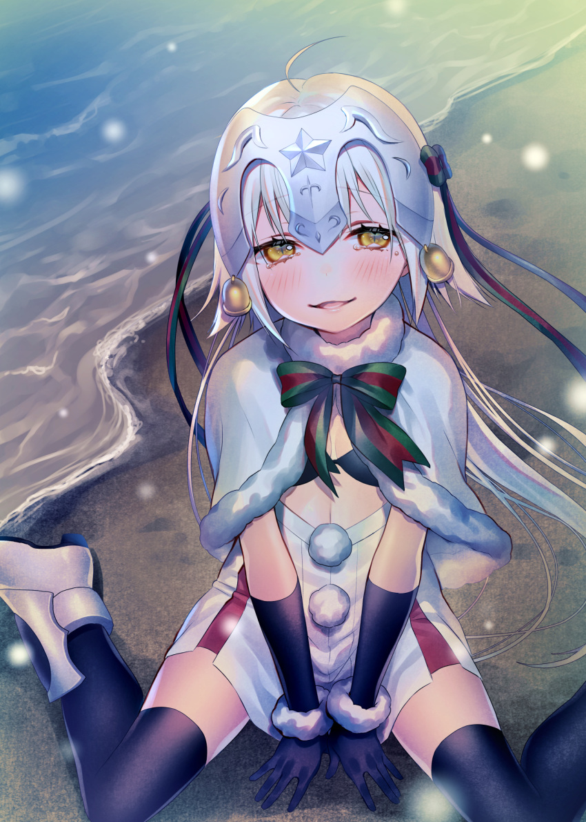 1girl ahoge black_gloves black_legwear capelet commentary fate_(series) fur-trimmed_capelet gloves headpiece highres jeanne_d'arc_(fate)_(all) jeanne_d'arc_alter_santa_lily long_hair looking_at_viewer parted_lips ribbon shirako_sei shore sitting smile snow snowing solo tears thigh-highs wariza water white_hair yellow_eyes