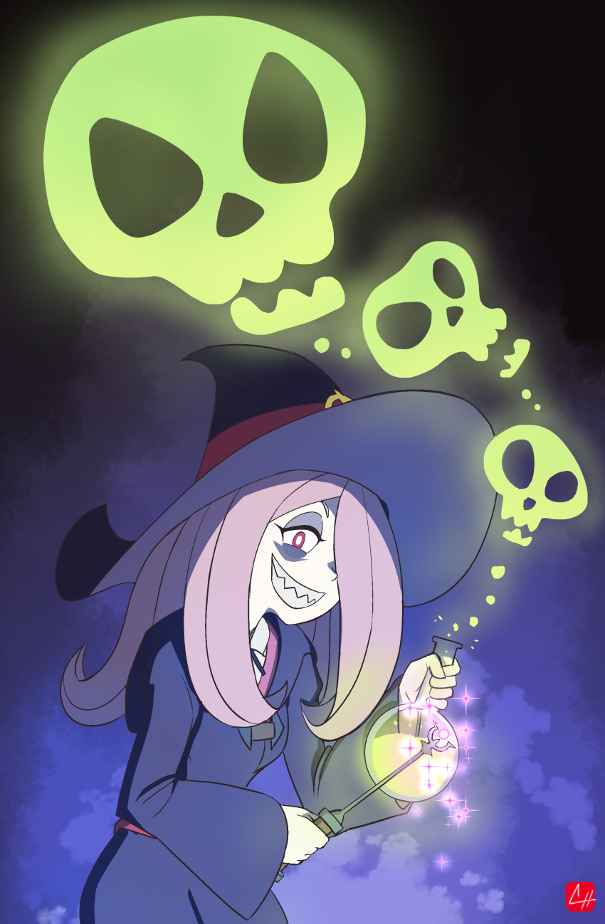 1girl absurdres chris_re5 flask grin hair_over_one_eye hat highres little_witch_academia makeup pink_hair sharp_teeth signature skull smile solo sparkle sucy_manbavaran teeth upper_body violet_eyes wand wide_sleeves witch_hat