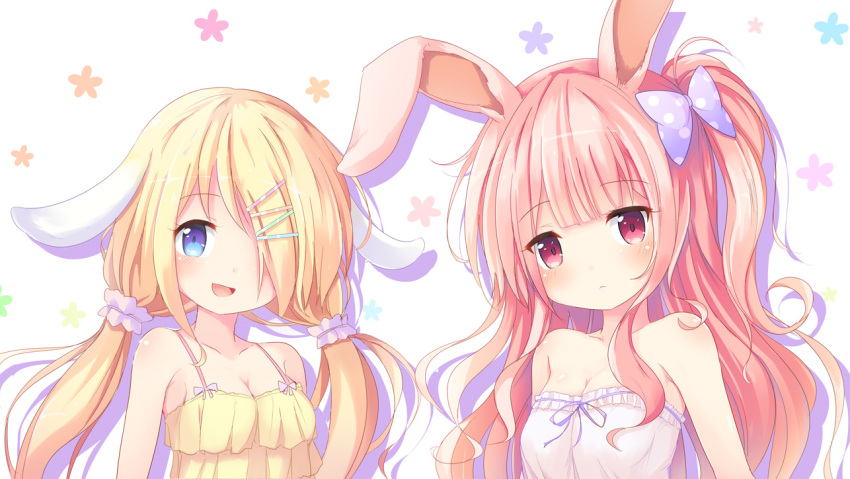 2girls :d animal_ears arms_at_sides bangs bare_shoulders blonde_hair blue_eyes blunt_bangs blush bow breasts cleavage closed_mouth collarbone ears_down eyebrows_visible_through_hair floral_background hair_bow hair_ornament hair_over_one_eye hair_scrunchie hairclip head_tilt long_hair looking_at_viewer low_twintails medium_breasts multiple_girls nekono_rin one_side_up open_mouth original pink_hair polka_dot polka_dot_bow purple_bow rabbit_ears red_eyes scrunchie shirt simple_background sleeveless smile spaghetti_strap strapless tubetop twintails very_long_hair white_background white_scrunchie white_shirt