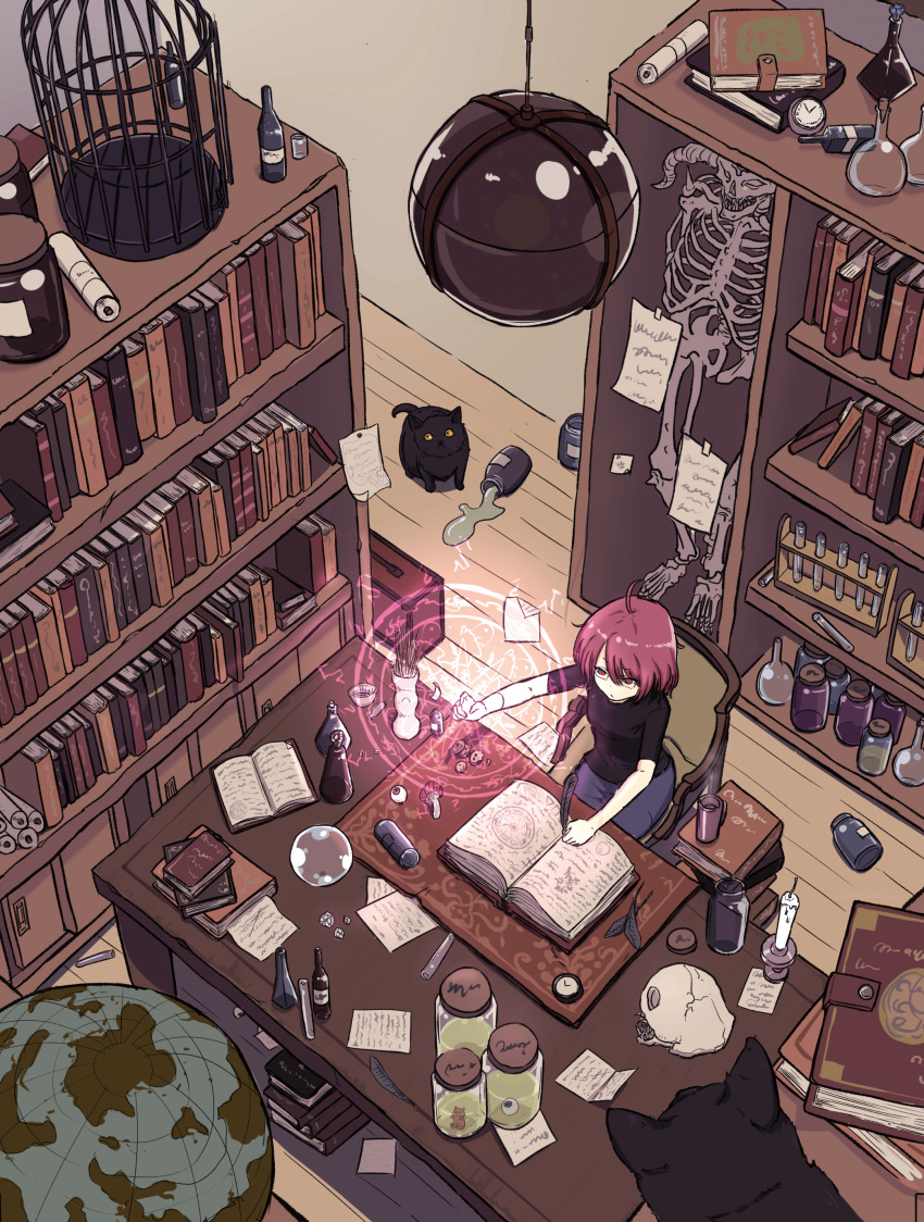 1girl absurdres ahoge black_cat book bookshelf bottle brown_hair cage candle cat coraman cupboard desk eyeball fantasy from_above gloves highres incense inside jar magic mushroom open_book original paper quill scenery sitting skeleton spill test_tube test_tube_rack