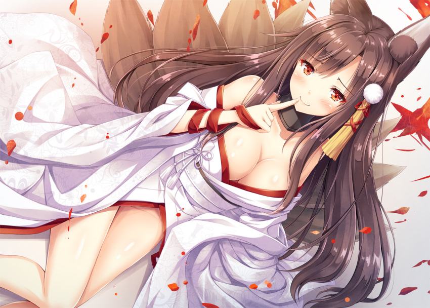 1girl akagi_(azur_lane) akashio_(loli_ace) animal_ears azur_lane bangs bare_shoulders blush breasts brown_hair collar collarbone eyebrows_visible_through_hair finger_to_mouth fox_ears hair_ornament index_finger_raised japanese_clothes kimono kitsune large_breasts long_hair lying multiple_tails obi on_side red_eyes sash smile solo tail thighs white_kimono