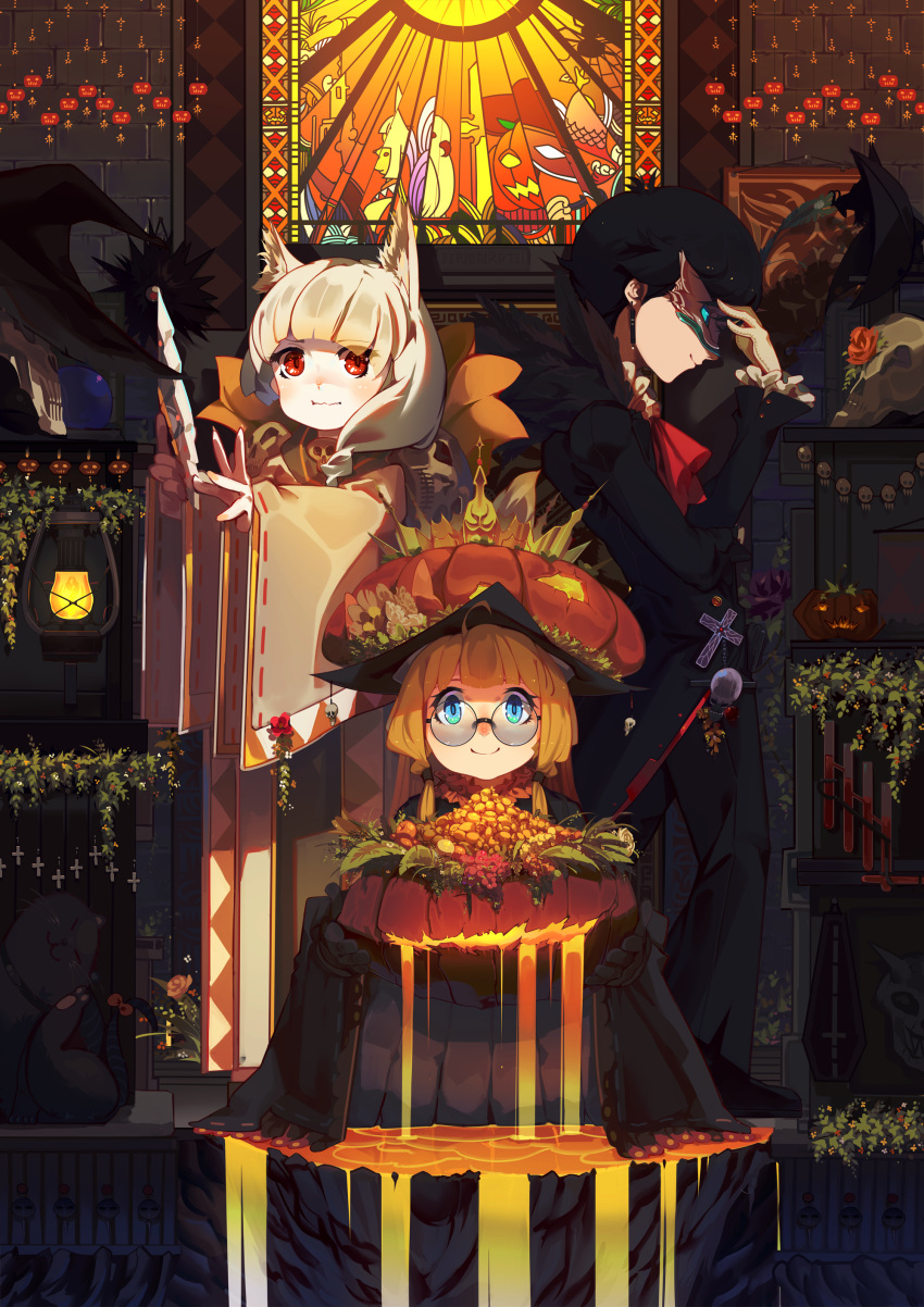 1boy 2girls absurdres animal_ears black_hair blue_eyes cross forte glasses halloween hat highres holding jack-o'-lantern lantern looking_at_viewer mask molten_rock multiple_girls orange_hair original pose red_eyes short_hair skull smile stained_glass standing white_hair wide_sleeves witch_hat