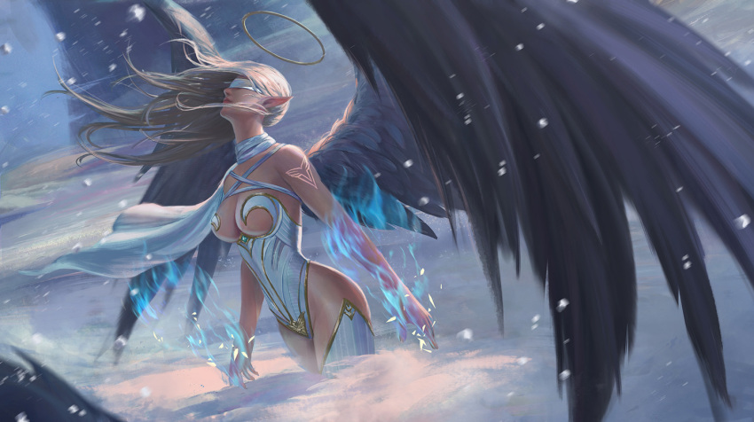 1girl angel angel_wings bare_shoulders black_wings blonde_hair breasts cape closed_mouth clouds feathered_wings gem halo hips leotard long_hair magic medium_breasts original partially_submerged quianyu_mo solo tattoo thigh-highs white_legwear white_leotard wind wings