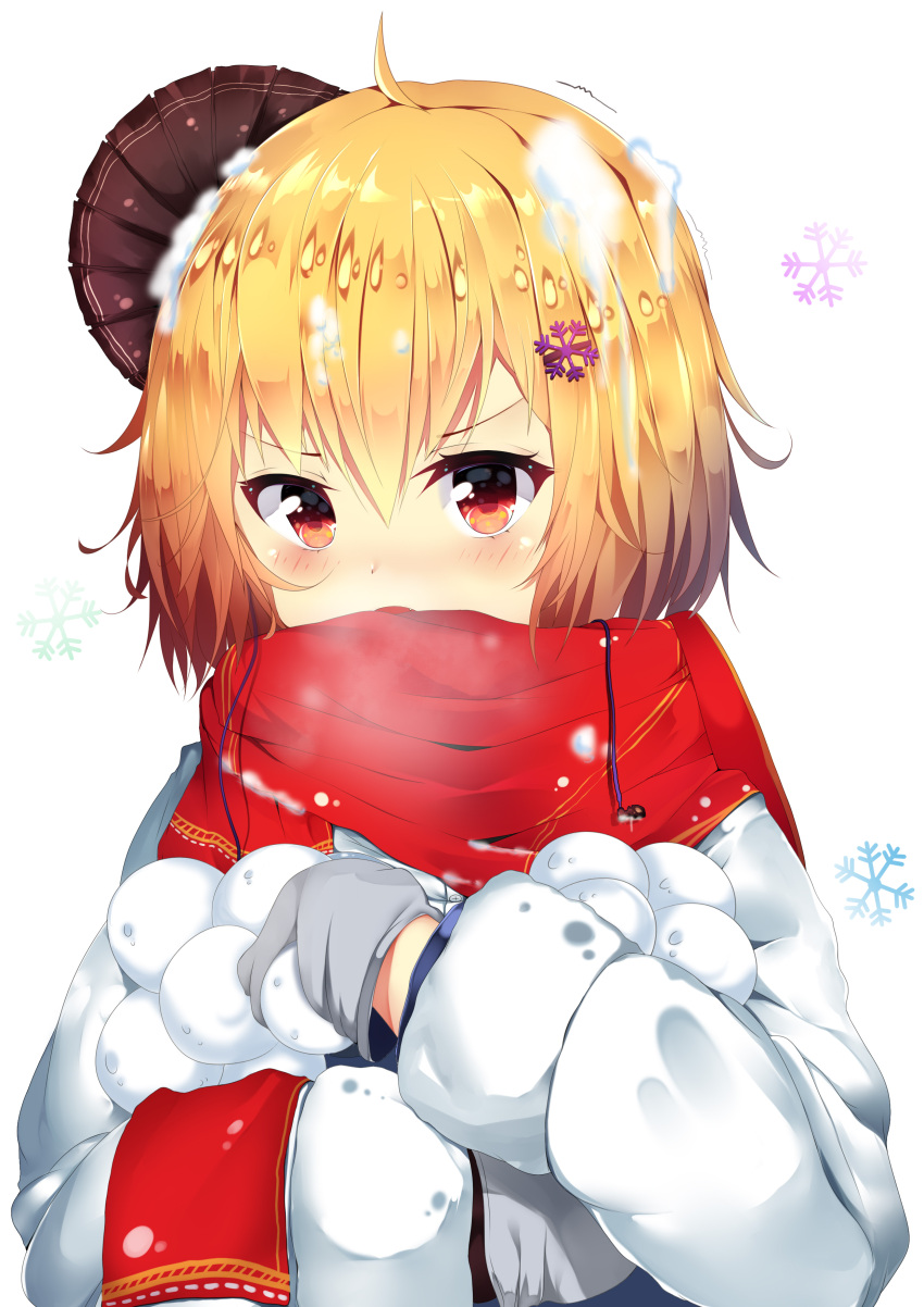 1girl absurdres ahoge blonde_hair eyebrows_visible_through_hair hair_ornament highres huaimeng long_sleeves looking_at_viewer mittens open_mouth original red_eyes red_scarf scarf short_hair snowball snowflake_hair_ornament snowflakes solo upper_body