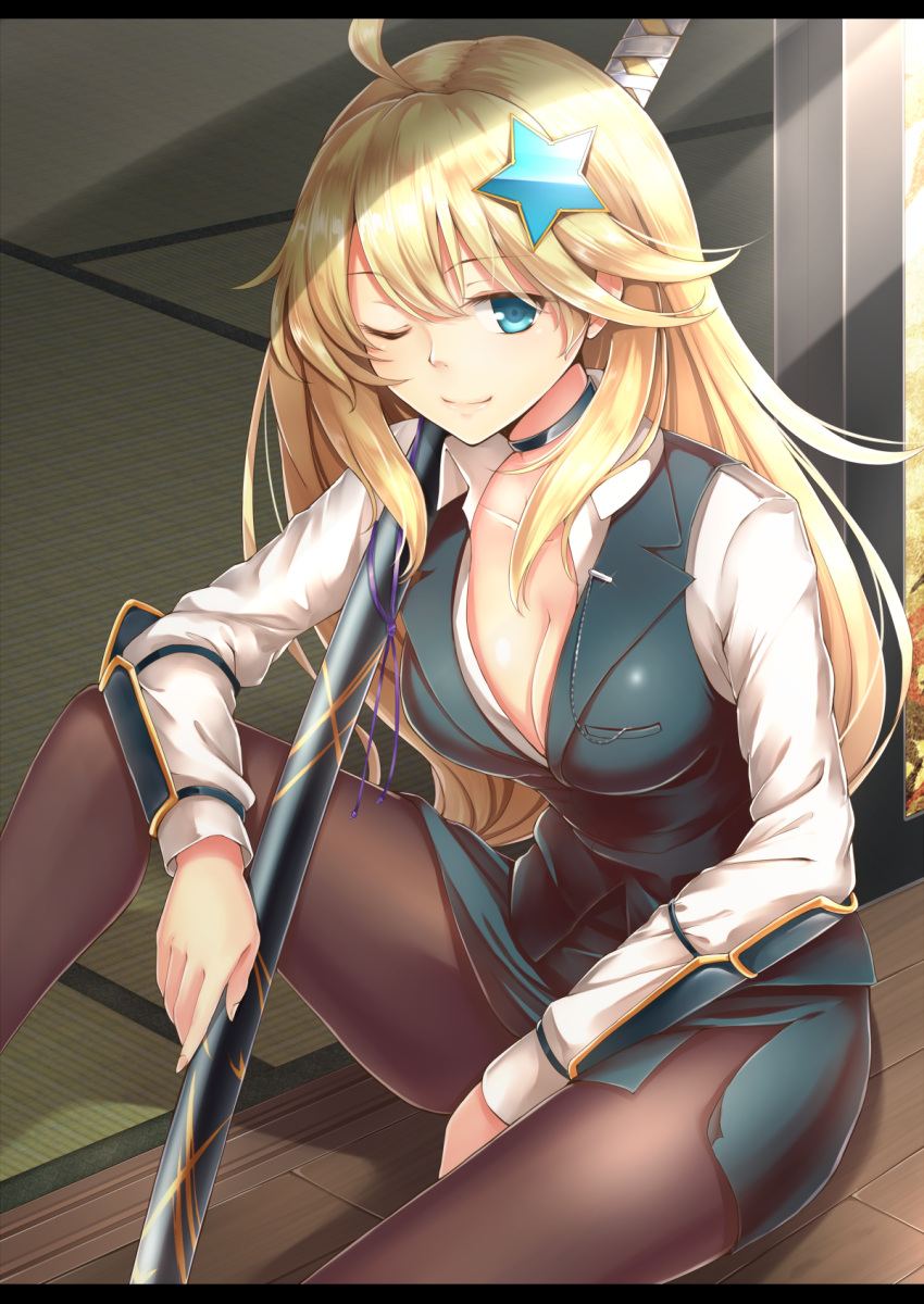 1girl ;) ahoge armor black_legwear blonde_hair blue_eyes blush breasts character_request choker cleavage closed_mouth collarbone dabadhi dress_shirt hair_ornament highres japanese_armor kote letterboxed long_hair long_sleeves looking_at_viewer medium_breasts miniskirt one_eye_closed oshiro_project oshiro_project_re pantyhose shirt side_slit sitting skirt skirt_sekt smile solo star star_hair_ornament waistcoat white_shirt