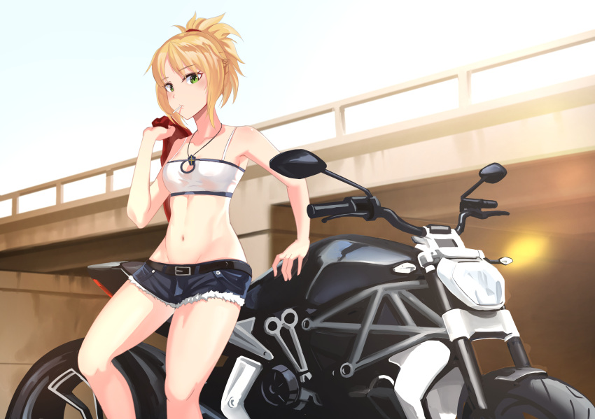 1girl bare_shoulders blonde_hair braid bridge bustier cutoffs ducati fate/apocrypha fate_(series) gan_(gameupnow) green_eyes groin highres jacket_over_shoulder looking_at_viewer midriff mouth_hold navel outdoors ponytail saber_of_red short_hair short_shorts shorts sitting solo