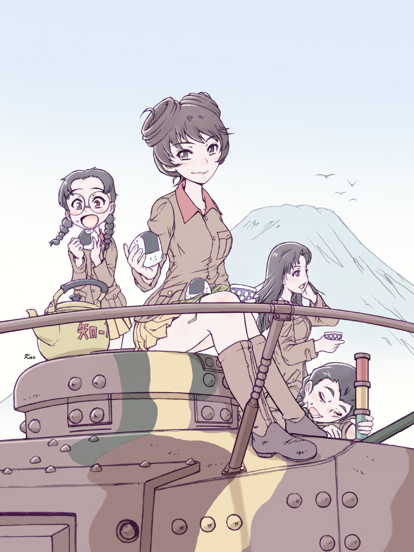 4girls black_hair brown_hair chi-hatan_military_uniform cup food fukuda_(girls_und_panzer) girls_und_panzer glasses graphite_(medium) ground_vehicle highres hosomi_(girls_und_panzer) kettle messy_hair military military_vehicle motor_vehicle multiple_girls nishi_kinuyo onigiri short_twintails tamada_(girls_und_panzer) tank teacup traditional_media twintails yoshikawa_kazunori