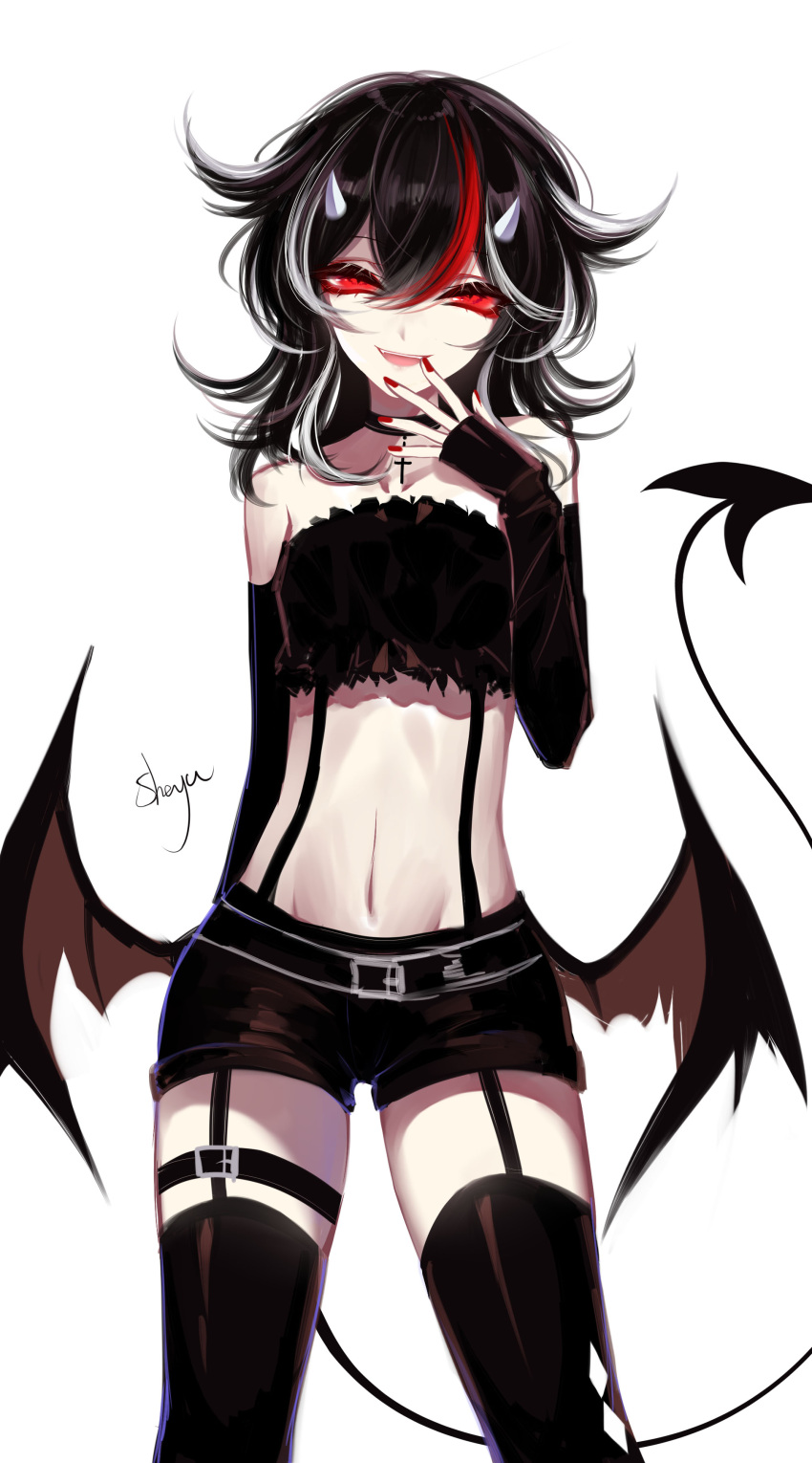 1girl absurdres alternate_costume arm_at_side artist_name bare_shoulders black_hair black_legwear black_shorts black_wings choker cross cross_necklace demon_tail hair_between_eyes hand_up highres horns jewelry kijin_seija looking_at_viewer midriff multicolored_hair nail_polish navel necklace parted_lips red_eyes red_nails redhead sheya short_shorts shorts simple_background smile solo streaked_hair tail thigh-highs touhou white_background white_hair wings