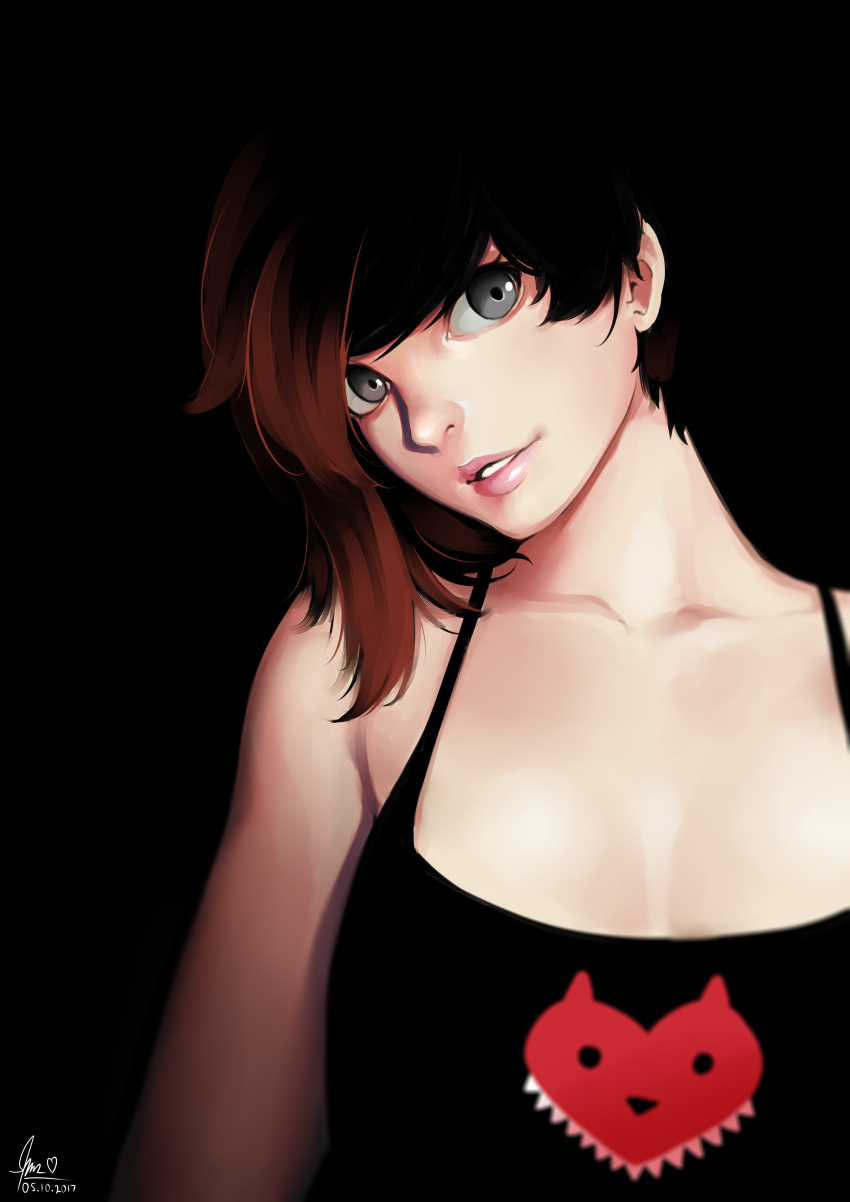 absurdres black_background black_dress breasts cleavage collarbone dress grey_eyes highres ilya_kuvshinov_(style) looking_at_viewer lulu-chan92 medium_breasts multicolored_hair ruby_rose rwby signature simple_background smile tank_top two-tone_hair