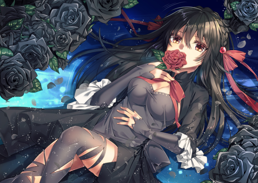 1girl black_dress black_hair black_legwear black_rose braid breasts brown_eyes cleavage covering_mouth crown_braid dress flower hair_ribbon long_hair lying medium_breasts on_back original ribbon rose solo thigh-highs torn_clothes torn_thighhighs yuihira_asu