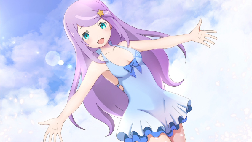 1girl :d anastasia_hoshin blue_dress blue_eyes breasts cleavage clouds cloudy_sky collarbone day dress dutch_angle game_cg hair_ornament halterneck highres lens_flare long_hair looking_at_viewer official_art open_mouth outdoors outstretched_arms purple_hair re:zero_kara_hajimeru_isekai_seikatsu short_dress sky sleeveless sleeveless_dress small_breasts smile solo star star_hair_ornament very_long_hair