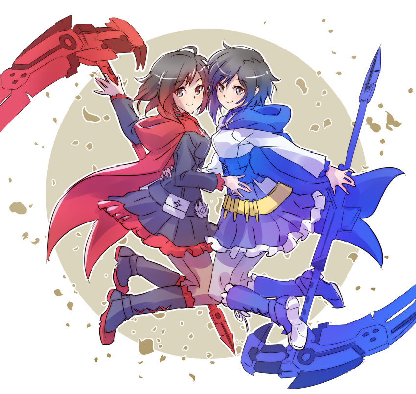 2girls alternate_color alternate_hair_color bandolier blazblue:_cross_tag_battle boots cape corset crescent_rose dual_persona highres iesupa multiple_girls player_2 ruby_rose rwby scythe