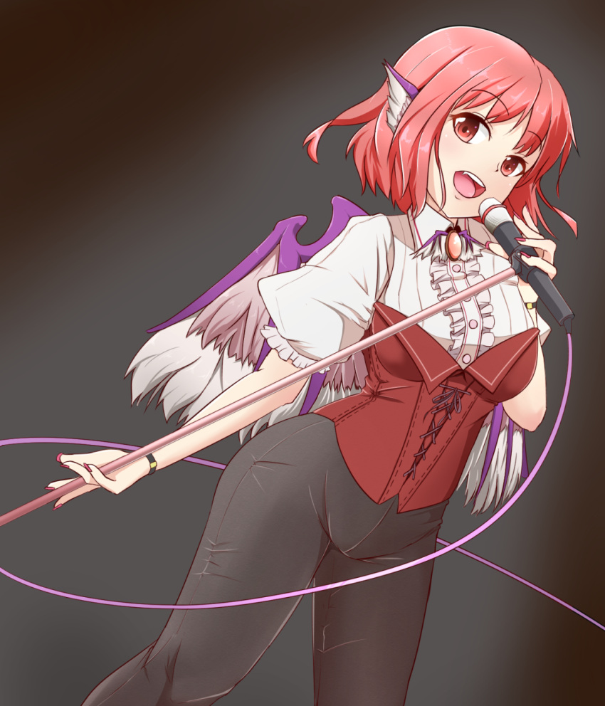 1girl commentary_request highres holding looking_at_viewer microphone mystia_lorelei open_mouth pink_hair puffy_short_sleeves puffy_sleeves red_eyes short_hair short_sleeves solo touhou wings zefutefu