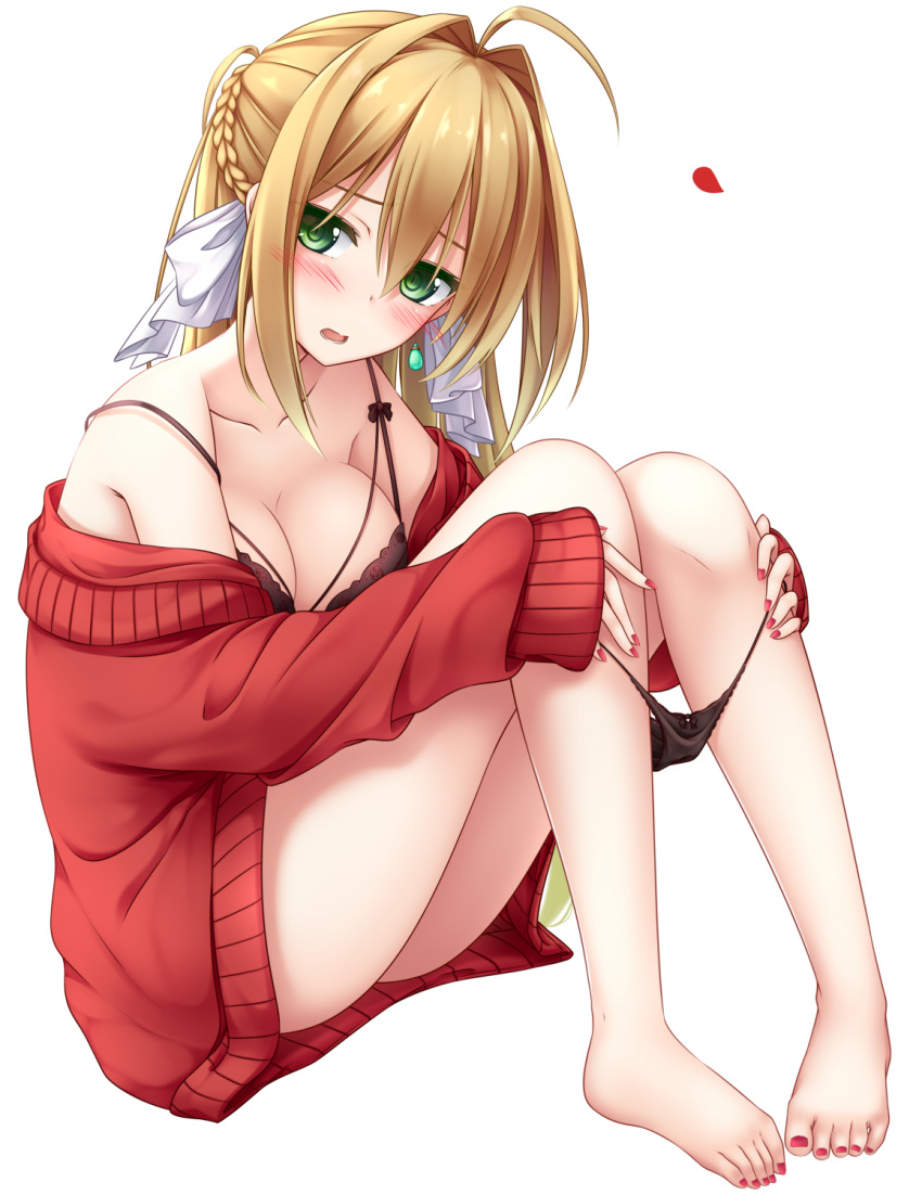 1girl ahoge bare_shoulders barefoot blonde_hair bow bra braid breasts earrings eyebrows_visible_through_hair fate/grand_order fate_(series) fringe green_eyes grey_background hair_between_eyes hair_bow head_tilt highres jewelry large_breasts long_hair looking_at_viewer nail_polish nero_claudius_(swimsuit_caster)_(fate) open_mouth red_nails saber_extra sidelocks simple_background sleeves_past_wrists underwear undressing yoye_(pastel_white)