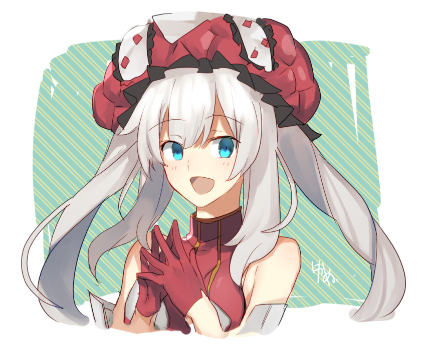 1girl :d bare_shoulders blue_eyes blush eyebrows_visible_through_hair fate/grand_order fate_(series) fingers_together gloves hat long_hair looking_at_viewer marie_antoinette_(fate/grand_order) nikame open_mouth red_gloves silver_hair sleeveless smile solo twintails upper_body