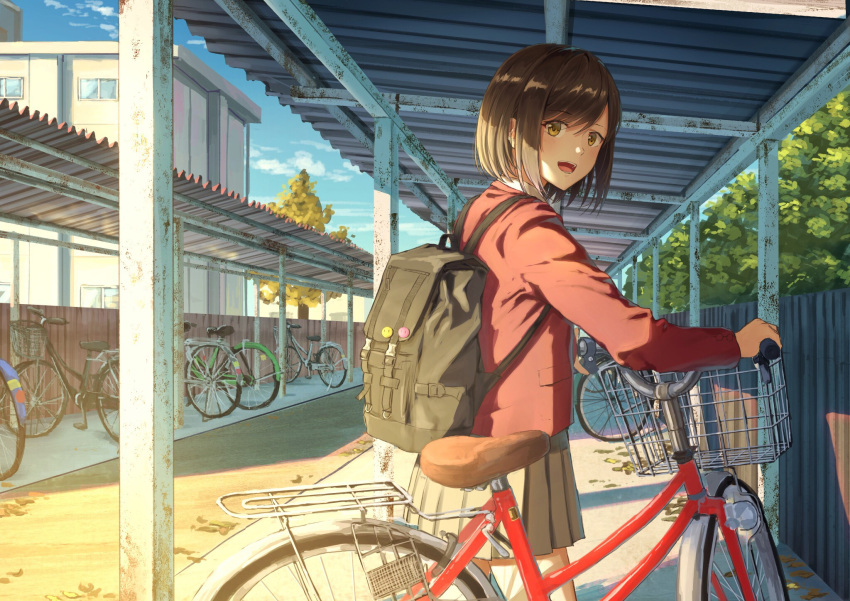 1girl :d backpack bag bicycle bicycle_basket blue_sky brown_eyes brown_hair brown_skirt cardigan clouds cowboy_shot day fence from_side ground_vehicle highres long_sleeves looking_at_viewer looking_to_the_side open_mouth original outdoors pin pleated_skirt school shirt short_hair skirt sky smile solo standing sugi87 tree white_shirt window