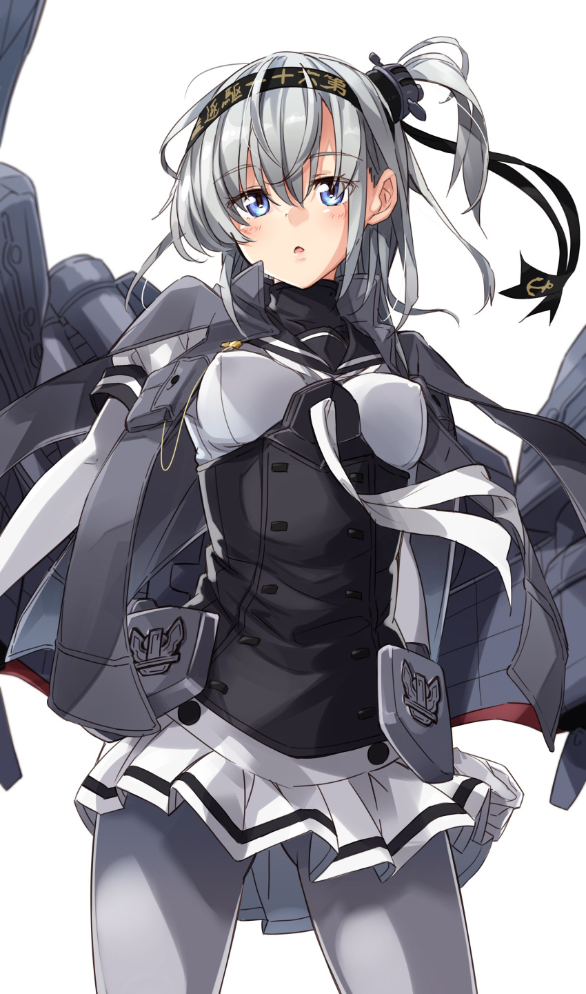 1girl absurdres black_dress black_sailor_collar blue_eyes blush breasts cowboy_shot dress erect_nipples eyebrows_visible_through_hair eyes_visible_through_hair gluteal_fold grey_legwear hair_between_eyes hairband highres kantai_collection long_hair long_sleeves looking_at_viewer machinery medium_breasts mousou_(mousou_temporary) neckerchief one_side_up pantyhose parted_lips pleated_skirt puffy_short_sleeves puffy_sleeves sailor_collar sailor_dress short_dress short_over_long_sleeves short_sleeves silver_hair simple_background skirt solo standing suzutsuki_(kantai_collection) white_background white_neckwear white_skirt