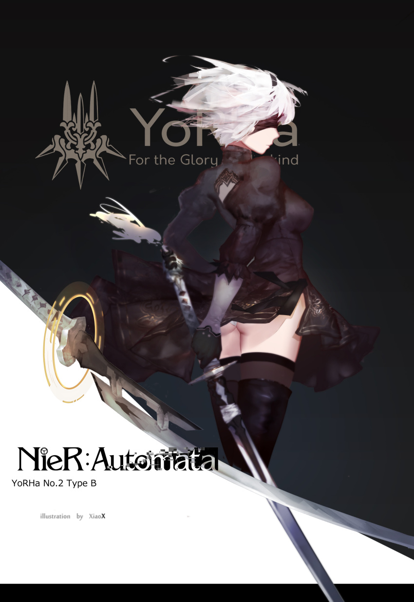 1girl absurdres ass black_dress black_gloves black_legwear blindfold character_name closed_mouth copyright_name covered_eyes dress from_behind gloves hairband highres holding holding_sword holding_weapon juliet_sleeves katana leotard long_sleeves nier_(series) nier_automata profile puffy_short_sleeves puffy_sleeves short_hair short_sleeves solo standing sword thigh-highs weapon white_hair white_leotard xiaoxiao yorha_no._2_type_b