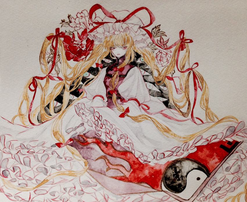 1girl absurdly_long_hair artist_request blonde_hair bow commentary dress eyes flower frilled_dress frills gap hair_bow hat hat_ribbon highres long_hair long_sleeves looking_at_viewer mob_cap open_mouth ribbon solo tabard touhou traditional_media very_long_hair violet_eyes watercolor_(medium) white_dress wide_sleeves yakumo_yukari
