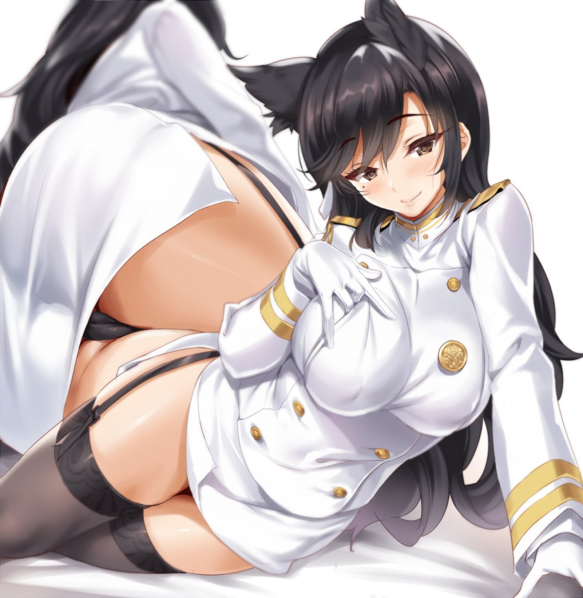 1girl animal_ears ass atago_(azur_lane) azur_lane bangs bed_sheet black_hair black_legwear black_panties blush breasts brown_eyes buttons erect_nipples garter_straps gloves hair_ribbon highres impossible_clothes kure_masahiro large_breasts lips long_hair long_sleeves looking_at_viewer military military_uniform miniskirt mole mole_under_eye multiple_views panties pencil_skirt ribbon shiny shiny_hair side_slit skirt smile solo swept_bangs thigh-highs thigh_gap unbuttoning underwear uniform white_gloves white_ribbon white_skirt