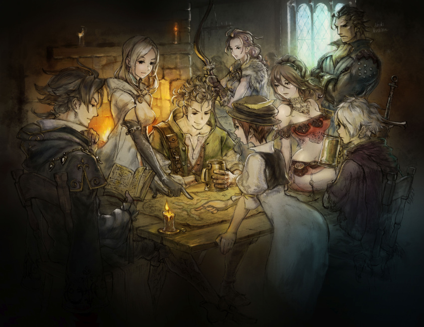 4boys 4girls absurdres blonde_hair brown_hair candle everyone fireplace highres map multiple_boys multiple_girls official_art olberic_eisenberg pointing primrose_azelhart project_octopath_traveler square_enix sword table weapon yoshida_akihiko