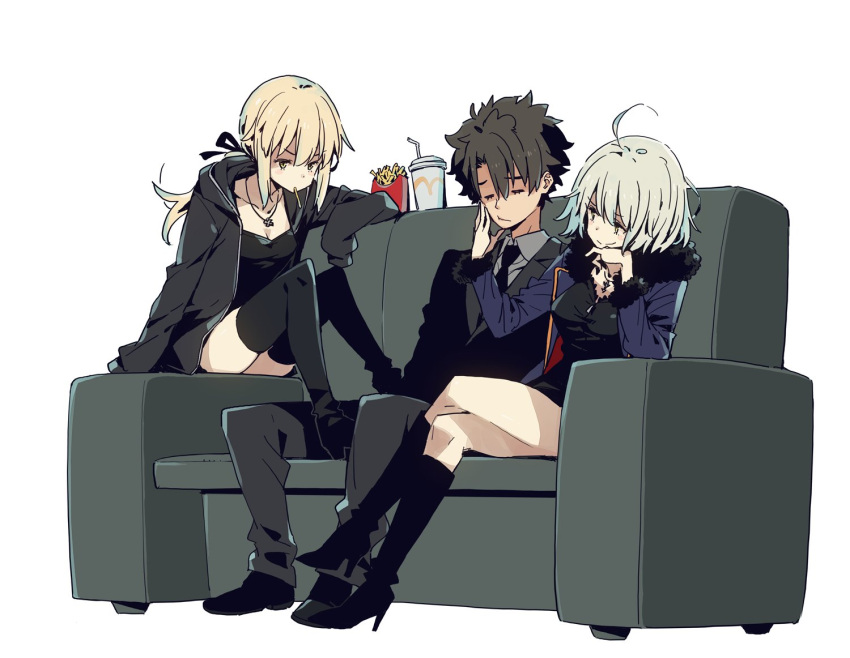 1boy 2girls ahoge artoria_pendragon_(all) black_hair blonde_hair boots breasts business_suit cleavage couch cross cross_necklace fate/grand_order fate_(series) food formal french_fries fujimaru_ritsuka_(male) fur_trim high_heel_boots high_heels imigimuru jacket jeanne_d'arc_(alter)_(fate) jeanne_d'arc_(fate)_(all) jewelry multiple_girls necklace necktie ponytail saber_alter silver_hair simple_background sitting sitting_on_object suit white_background yellow_eyes