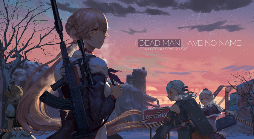 apron assault_rifle bangs black_gloves black_hat black_ribbon black_skirt blonde_hair blue_eyes blush braid breasts brown_shirt bullpup capelet character_name choker closed_eyes clouds dragunov_svd dusk eyebrows_visible_through_hair fingerless_gloves french_braid full_body g36 g36_(girls_frontline) girls_frontline gloves grin gun gun_case hair_ornament hair_ribbon hat highres hinoborukaku holding holding_gun holding_strap holding_weapon holster kneehighs light_brown_hair long_hair looking_at_viewer low_ponytail magazine_(weapon) maid maid_apron maid_headdress open_mouth ots-14 ots-14_(girls_frontline) panties parted_lips pleated_skirt red_legwear ribbon rifle ruins school_uniform scope shipping_container shirt shotgun silver_hair skirt small_breasts smile sniper_rifle snow spas-12 spas-12_(girls_frontline) standing steaming_breath striped striped_legwear suppressor svd_(girls_frontline) thigh-highs twintails underwear upskirt vertical_stripes very_long_hair weapon white_background white_panties wind wind_lift yellow_eyes