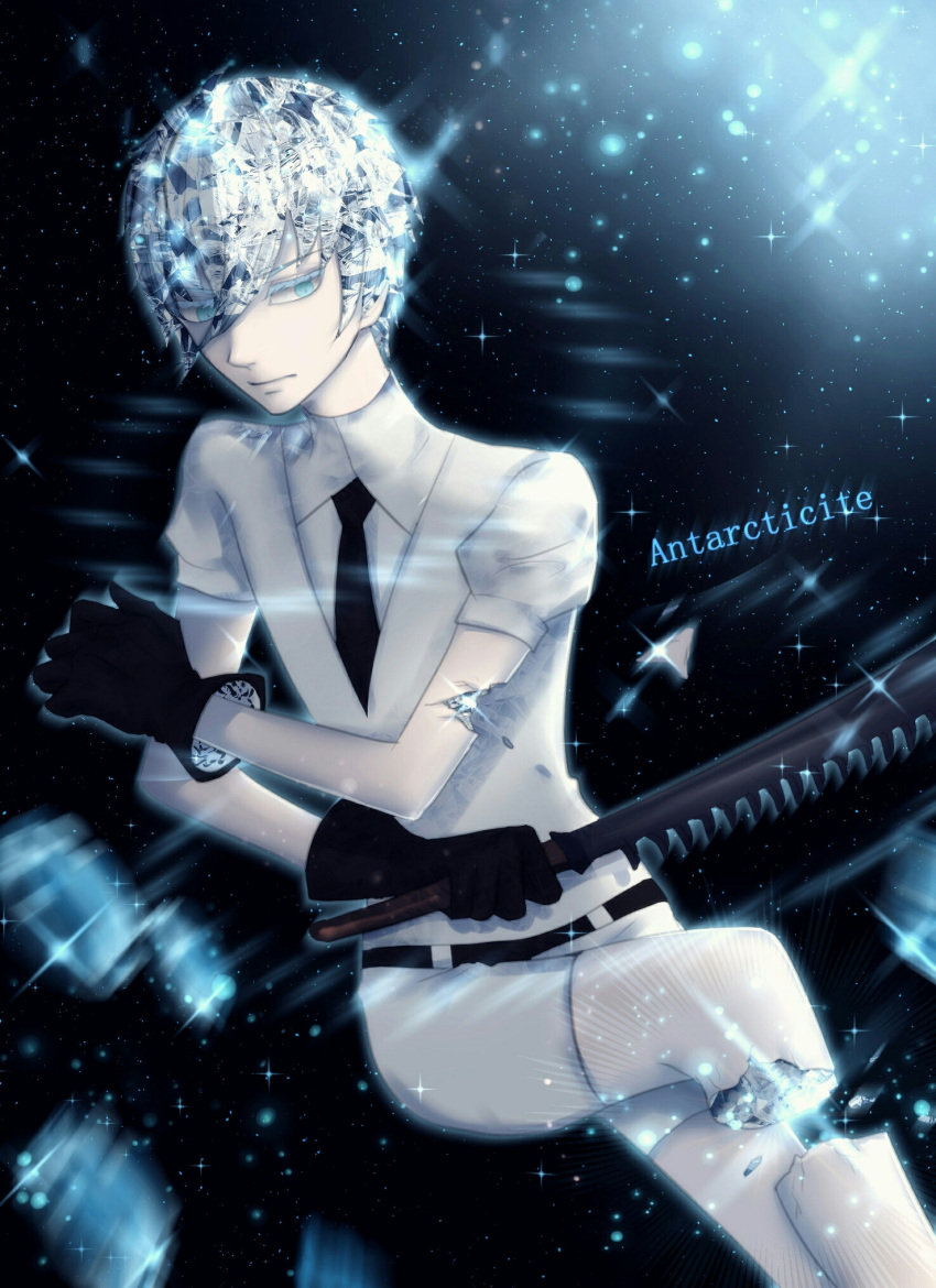 amputee androgynous antarcticite belt black_gloves black_neckwear blue_eyes blue_hair broken character_name closed_mouth collared_shirt crystal czy_(2894456992) gloves grey_shirt grey_shorts highres holding holding_sword holding_weapon houseki_no_kuni light_particles looking_at_viewer necktie puffy_short_sleeves puffy_sleeves shiny shiny_skin shirt short_hair short_sleeves shorts solo sword weapon wing_collar