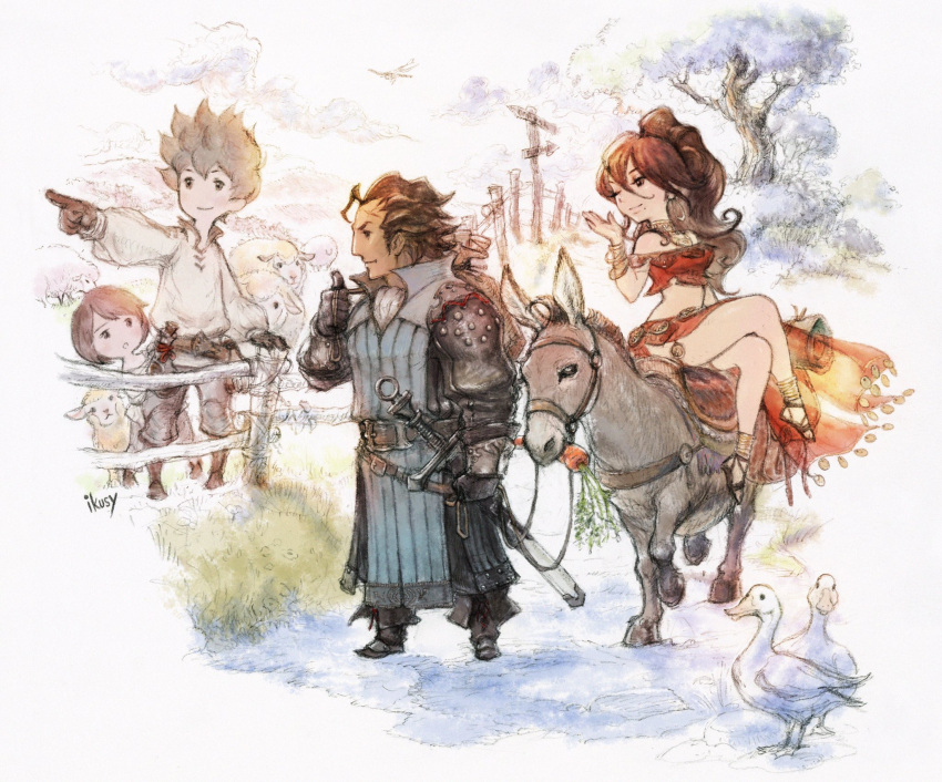 4boys 4girls bird bravely_default:_flying_fairy bravely_default_(series) brown_hair company_connection creator_connection crossover dragonfly duck everyone fence highres insect mole mole_under_mouth multiple_boys multiple_girls official_art olberic_eisenberg pointing primrose_azelhart project_octopath_traveler riding sheep smile spiky_hair square_enix tiz_oria yoshida_akihiko