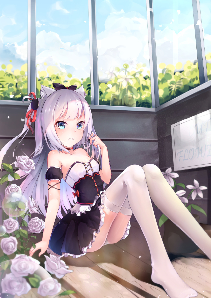 1girl animal_ears azur_lane bangs bare_shoulders black_bow black_dress blue_eyes blue_sky bow breasts bubble cat_ears cat_hair_ornament clouds cloudy_sky collarbone commentary_request day dress flower frilled_dress frills hair_bow hair_ornament hair_ribbon hair_twirling hammann_(azur_lane) highres indoors karin_(fineyanny) long_hair no_shoes on_floor one_side_up panties parted_lips puffy_short_sleeves puffy_sleeves red_choker red_ribbon remodel_(azur_lane) ribbon rose short_sleeves sidelocks sign silver_hair sitting sky small_breasts solo thigh-highs underbust underwear very_long_hair white_flower white_legwear white_panties white_rose