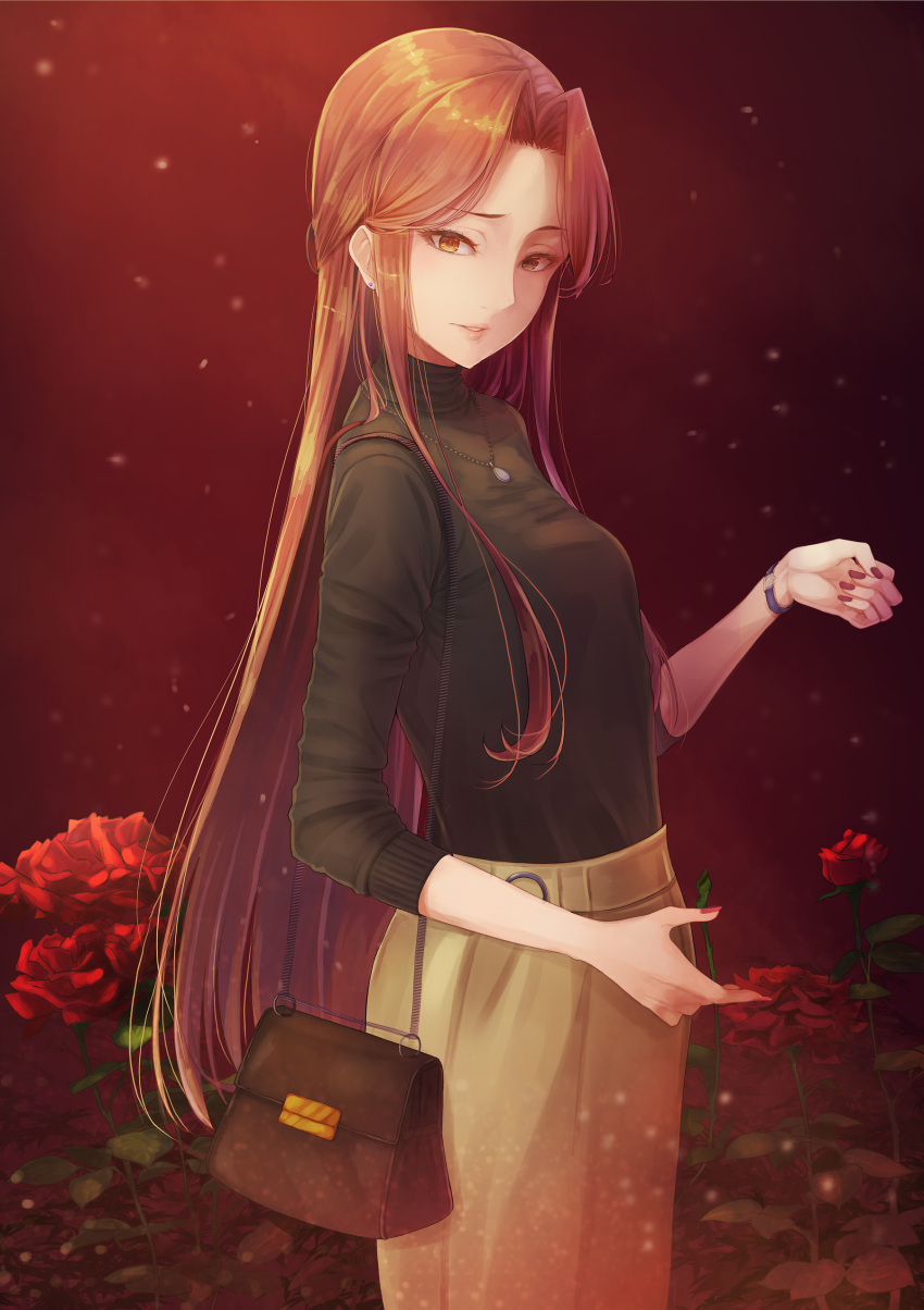 absurdres bag brown_background brown_eyes brown_hair brown_skirt earrings flower handbag highres idolmaster idolmaster_cinderella_girls jewelry looking_at_viewer nail_polish necklace parted_lips peppe red_nails rose skirt standing stud_earrings sweater turtleneck turtleneck_sweater watch watch zaizen_tokiko