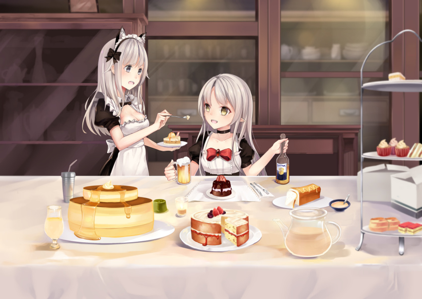 2girls :d alcohol animal_ears apron bangs beer beer_bottle beer_mug bendy_straw black_bow black_choker black_dress blush bottle bow breasts brooch cake cat_ears choker cleavage collarbone commentary_request cup cupcake dress drinking_glass drinking_straw elf eye_contact eyebrows_visible_through_hair feeding foam food fork frilled_apron frills grey_eyes hair_bow highres holding holding_bottle holding_fork holding_mug holding_plate indoors jewelry jug karin_(fineyanny) knife long_hair looking_at_another looking_to_the_side maid maid_headdress medium_breasts multiple_girls open_mouth original plate pointy_ears puffy_short_sleeves puffy_sleeves red_bow short_sleeves silver_hair sitting slice_of_cake smile standing syrup table tiered_tray very_long_hair white_apron wing_collar yellow_eyes