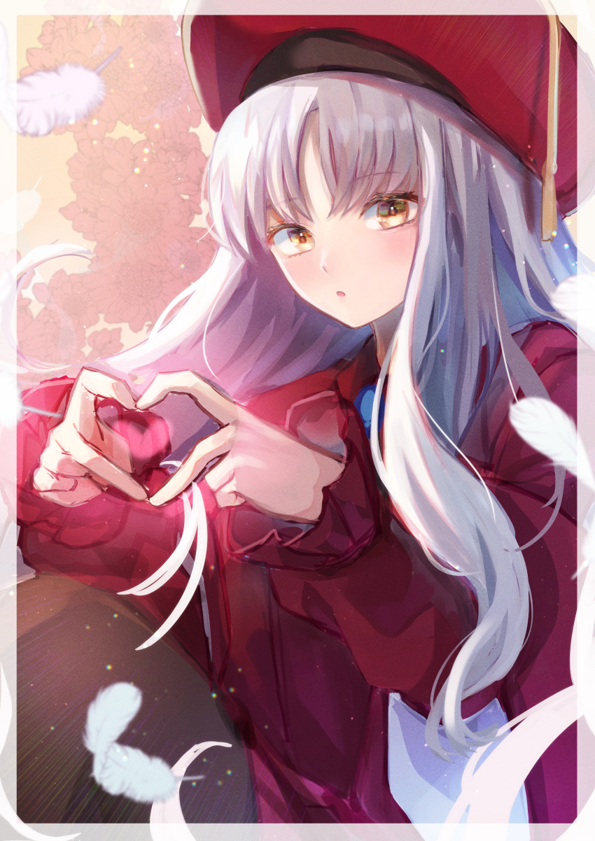 1girl absurdres bangs beret blush breasts brooch caren_hortensia caren_hortensia_(amor_caren) dress fate/grand_order fate_(series) feathers hat heart heart_hands highres huge_filesize jewelry long_hair long_sleeves looking_at_viewer medium_breasts nagute neck_ribbon open_mouth red_dress red_headwear ribbon shawl wavy_hair white_hair yellow_eyes