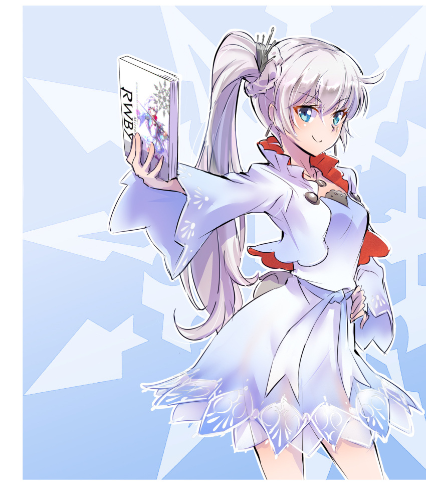 1girl blue_eyes earrings ein_lee hand_on_hip highres iesupa jacket jewelry manga_(object) necklace promotions rwby scar scar_across_eye solo weiss_schnee white_hair