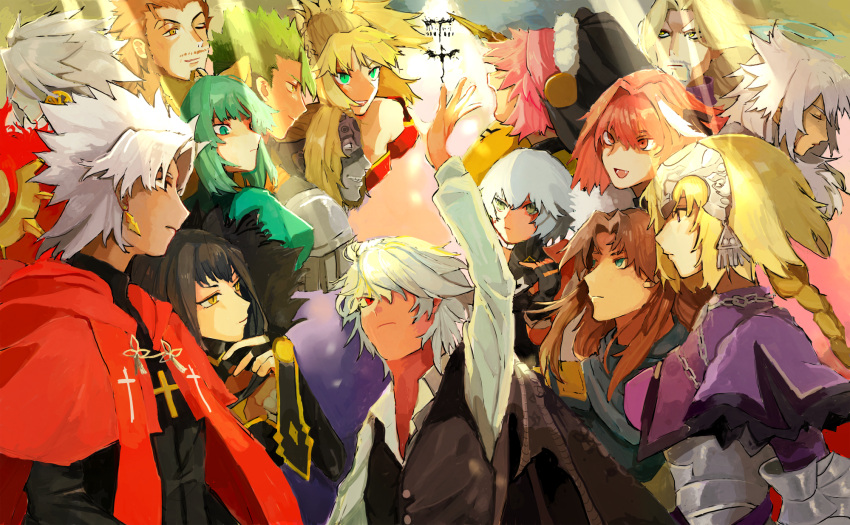 6+boys 6+girls ahoge animal_ears archer_of_black archer_of_red armor assassin_of_black assassin_of_red bangs bare_shoulders beard berserker_of_black berserker_of_red black_hair black_ribbon blonde_hair braid breasts bridal_veil brown_hair cape caster_of_black caster_of_red cat_ears cloak closed_eyes commentary dark_skin earrings facial_hair fang fate/apocrypha fate_(series) fur_trim gauntlets green_hair grey_skin hair_ornament hair_over_one_eye hair_ribbon hand_up high_ponytail highres horn jeanne_d'arc_(fate) jeanne_d'arc_(fate)_(all) jewelry karna_(fate) kotomine_shirou lancer_of_black large_breasts long_braid long_hair long_sleeves multicolored_hair multiple_boys multiple_girls mustache one_eye_closed pink_hair pointy_ears ponytail red_cloak red_eyes ribbon rider_of_black rider_of_red saber_of_black saber_of_red shirt short_hair sieg_(fate/apocrypha) silver_hair single_braid trap two-tone_hair veil very_long_hair waistcoat white_hair white_shirt x10-a yellow_eyes