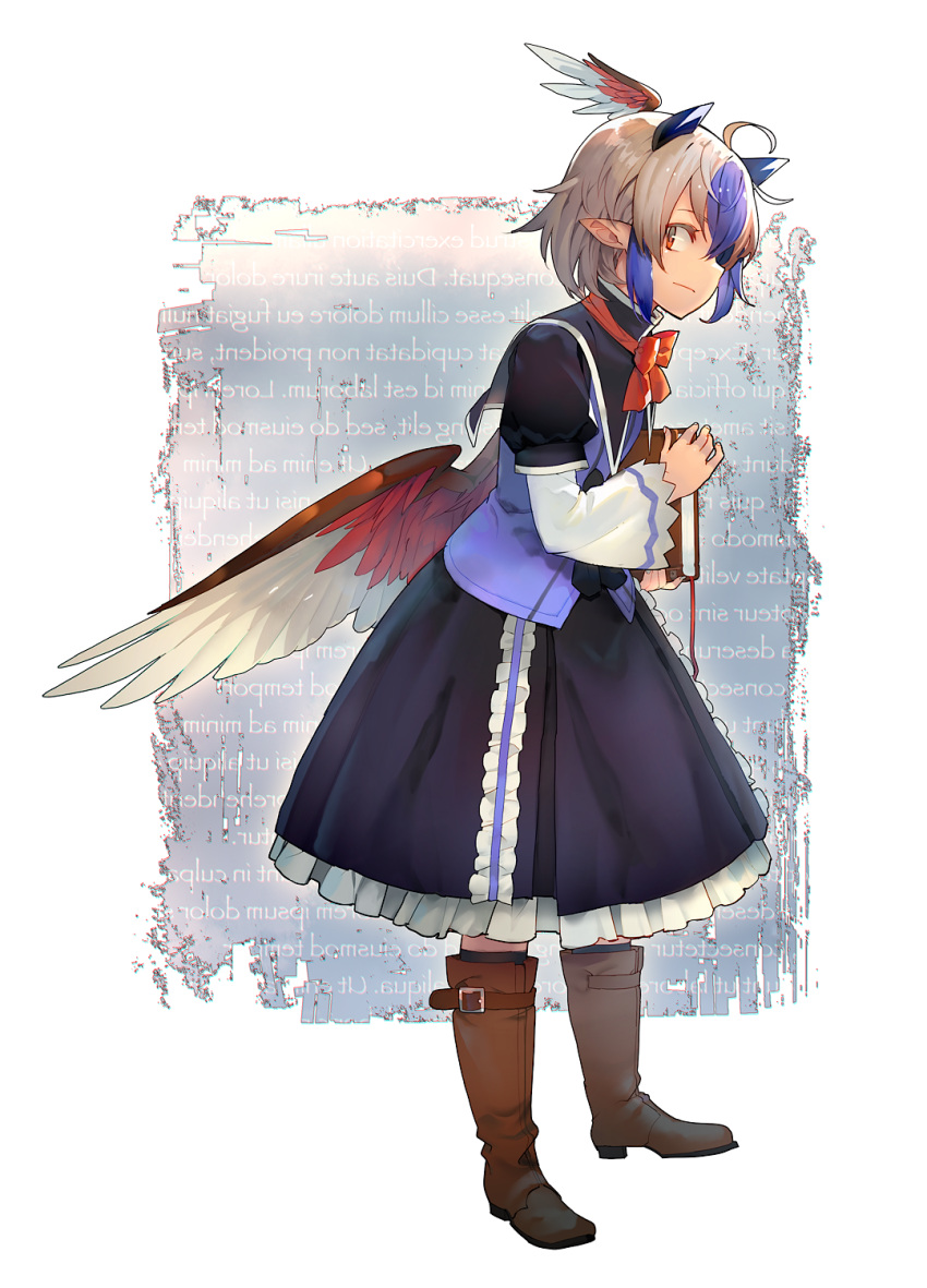 1girl ahoge belt bird_wings blue_hair book boots bow bowtie brown_footwear dress eho_(icbm) from_side full_body head_wings highres holding holding_book long_sleeves multicolored_hair pointy_ears profile red_eyes silver_hair solo standing streaked_hair tokiko_(touhou) touhou wings