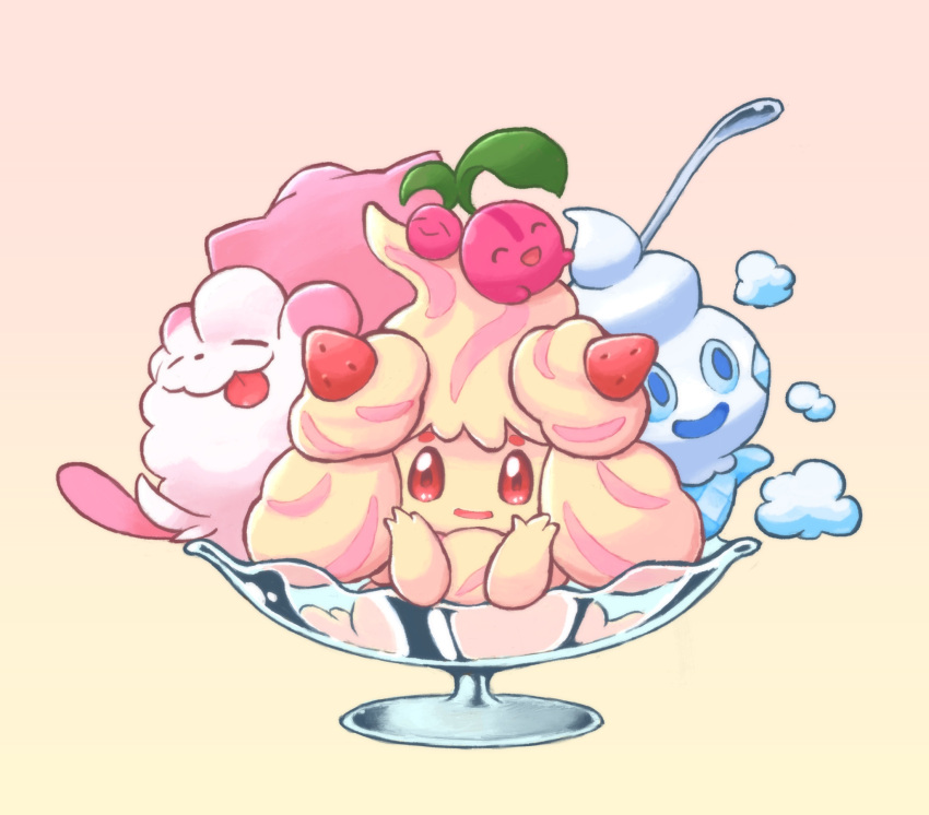 :d ^_^ alcremie blue_eyes cherubi closed_eyes food fruit gen_4_pokemon gen_5_pokemon gen_6_pokemon gen_8_pokemon gradient gradient_background highres kico_(iskico) no_humans open_mouth pokemon pokemon_(creature) pokemon_(game) red_eyes simple_background smile strawberry swirlix tongue tongue_out vanillite yellow_background