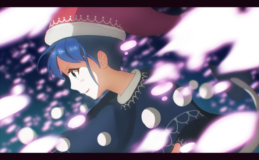 1girl anime_coloring blue_eyes blue_hair blurry danmaku depth_of_field doremy_sweet hat highres letterboxed motion_blur nightcap pom_pom_(clothes) shishi_osamu short_hair solo touhou