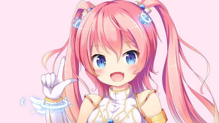 1girl :d angelic_buster arm_up bangs blue_eyes blush bow breasts eyebrows_visible_through_hair fang gloves hair_between_eyes hair_bow horns index_finger_raised long_hair looking_at_viewer maplestory medium_breasts nekono_rin open_mouth pink_background pink_hair shirt simple_background sleeveless sleeveless_shirt smile solo turtleneck two_side_up white_bow white_gloves white_shirt
