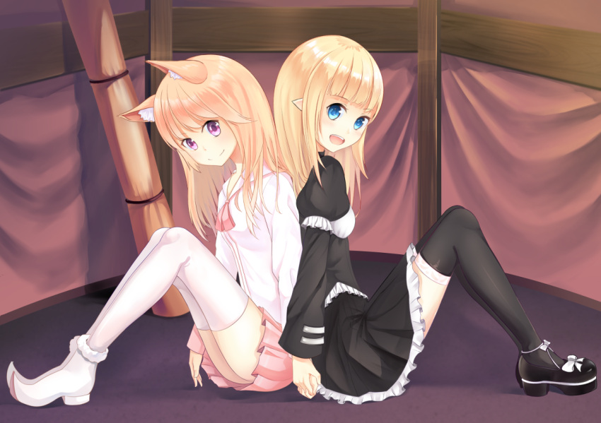 2girls :d animal_ears ankle_boots bangs black_dress black_legwear black_shorts blue_eyes blunt_bangs blush boots bow closed_mouth commentary_request dress eyebrows_visible_through_hair fox_ears from_side gothic_lolita hand_holding indoors karin_(fineyanny) lolita_fashion long_hair long_sleeves looking_at_viewer looking_to_the_side multiple_girls on_floor open_mouth original pink_skirt pleated_skirt pointy_ears puffy_short_sleeves puffy_sleeves shirt short_over_long_sleeves short_sleeves shorts sitting skirt smile thigh-highs violet_eyes white_bow white_legwear white_shirt yuri