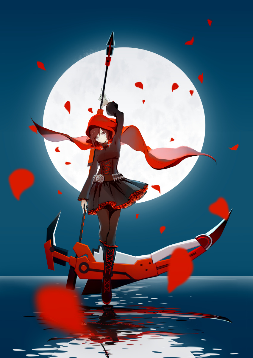 1girl absurdres black_dress black_footwear boots brown_hair cape dress frilled_boots frills full_body full_moon highres holding holding_weapon hood knee_boots layered_dress moon petals red_cape ruby_rose rwby scythe short_dress short_hair sketch solo water weapon zzy_(pixiv6875667)