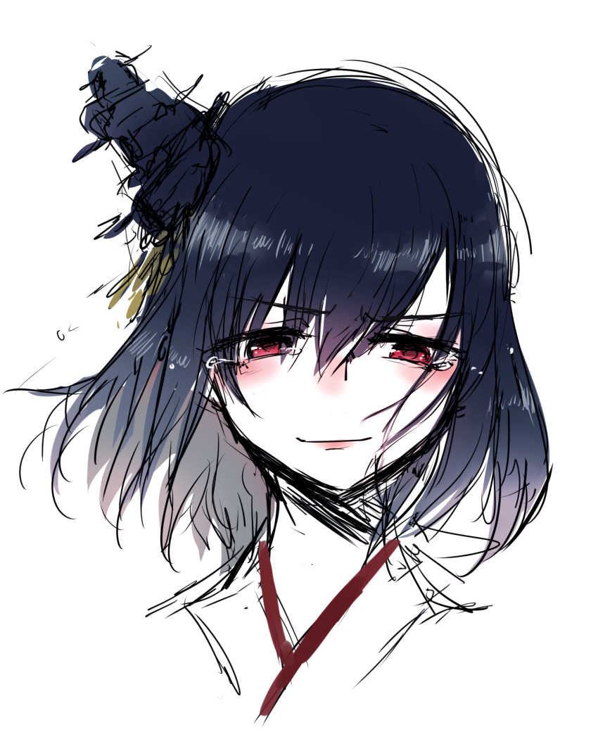 1girl agtt25333 black_hair crying crying_with_eyes_open eyebrows_visible_through_hair hair_between_eyes hair_ornament highres japanese_clothes kantai_collection lipstick looking_at_viewer makeup medium_hair red_eyes simple_background smile solo tears upper_body white_background yamashiro_(kantai_collection)