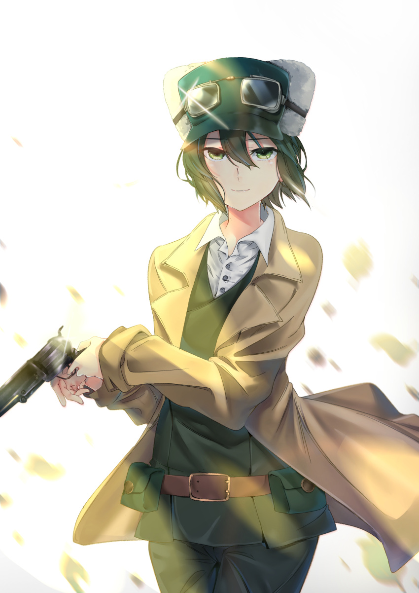 1girl absurdres ammunition_pouch belt belt_buckle black_hair black_pants black_shirt buckle cowboy_shot glint goggles goggles_on_head green_eyes gun hat highres holding holding_weapon jacket kino kino_no_tabi light_smile motion_blur pants petals shirt short_hair standing totsugeruru walking weapon wind