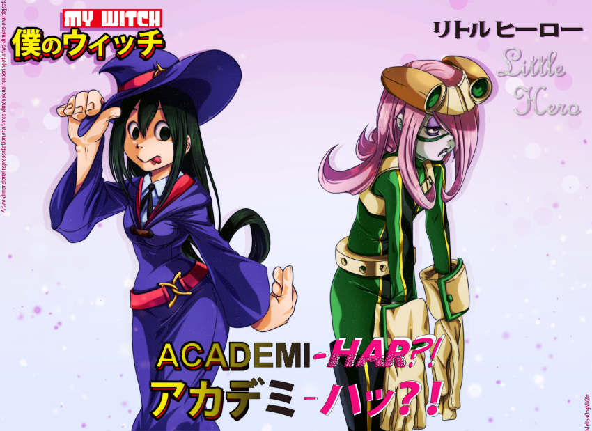 2girls asui_tsuyu boku_no_hero_academia commentary copyright_name cosplay costume_switch gloves green_eyes green_hair hat highres little_witch_academia melisaongmiqin multiple_girls pink_hair red_eyes sucy_manbavaran title_parody tongue tongue_out witch_hat