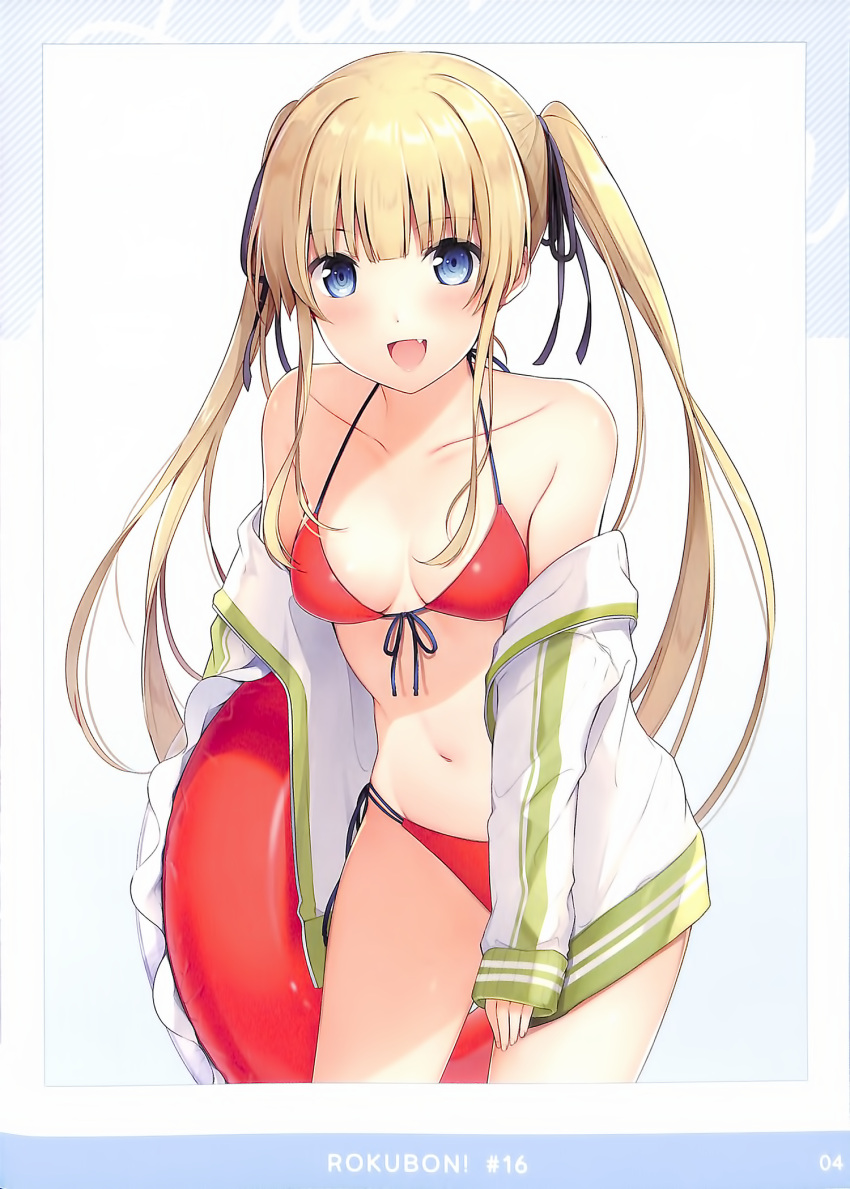 1girl 6u_(eternal_land) bangs bare_shoulders bikini blonde_hair blue_eyes blush bow bowtie collarbone eyebrows_visible_through_hair fang hair_bow highres holding innertube jacket long_sleeves looking_at_viewer navel off_shoulder open_clothes open_jacket open_mouth red_bikini saenai_heroine_no_sodatekata sawamura_spencer_eriri scan side-tie_bikini simple_background sleeves_past_wrists smile solo swimsuit twintails white_background