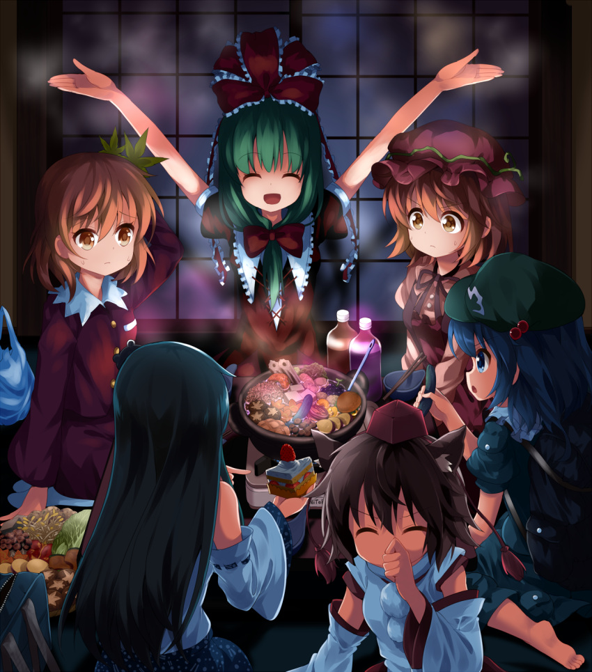 6+girls aki_minoriko aki_shizuha alternate_hair_color animal_ears arm_behind_head arms_up backpack bag bare_shoulders barefoot blue_eyes blue_hair bottle bow bowl brown_hair cake chopsticks closed_eyes commentary_request cucumber detached_sleeves food frills frog_hair_ornament from_behind green_hair green_hat hair_bobbles hair_bow hair_ornament hat highres holding holding_food indoors inubashiri_momiji kagiyama_hina kawashiro_nitori kochiya_sanae leaf_hair_ornament long_hair long_sleeves mob_cap multiple_girls open_mouth plastic_bag pom_pom_(clothes) puffy_short_sleeves puffy_sleeves ruu_(tksymkw) short_hair short_sleeves tassel tokin_hat touhou two_side_up wolf_ears yellow_eyes