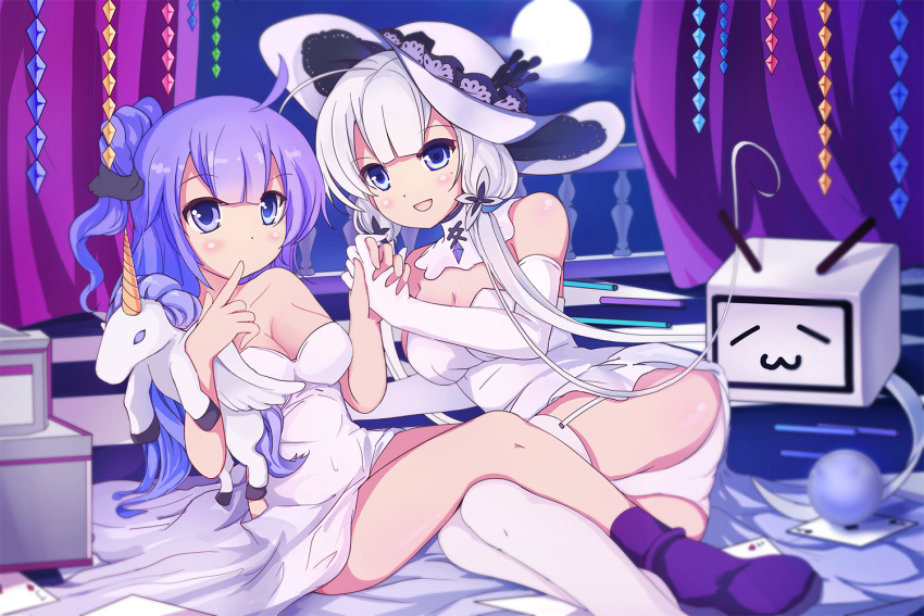 above absurdly_long_hair ass azur_lane bare_shoulders bili_girl_22 bili_girl_33 bilibili_douga blue_eyes blue_hair blush card closed_mouth collarbone cosplay dai_jijie eyebrows_visible_through_hair finger_to_mouth garter_straps hat illustrious_(azur_lane) illustrious_(azur_lane)_(cosplay) index_finger_raised indoors long_hair looking_at_viewer lying on_side open_mouth panties playing_card silver_hair sitting smile thigh-highs twintails underwear unicorn_(azur_lane) unicorn_(azur_lane)_(cosplay) very_long_hair white_hat white_legwear white_panties yuri