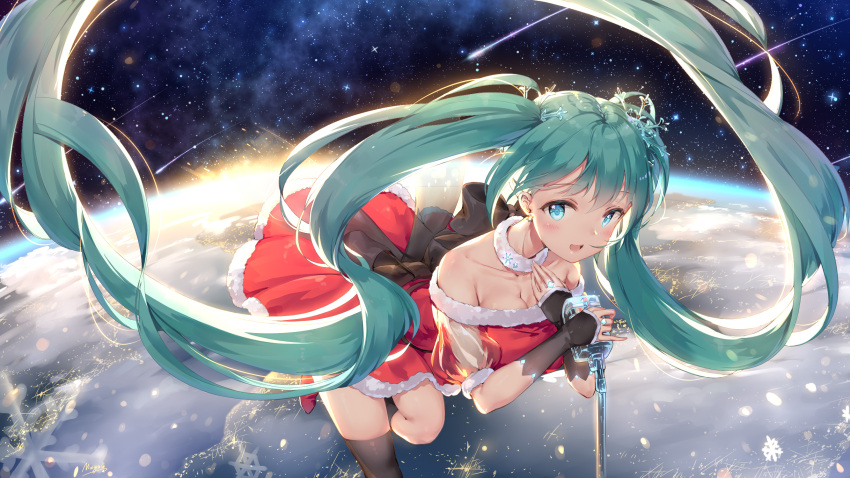 1girl absurdly_long_hair aqua_eyes bangs christmas collarbone earrings earth green_hair hand_on_own_chest hatsune_miku highres jewelry long_hair looking_at_viewer maya_g microphone microphone_stand open_mouth santa_costume solo space thigh-highs twintails very_long_hair vocaloid