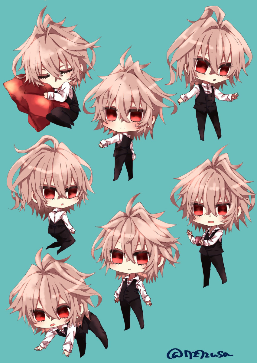 1boy ahoge bangs black_footwear black_pants blush brown_hair chibi closed_eyes commentary eyebrows_visible_through_hair fate/apocrypha fate_(series) green_background highres holding holding_notepad holding_pencil kneeling long_pants long_sleeves looking_at_viewer looking_back looking_to_the_side male_focus notepad pants pencil pillow pillow_hug red_eyes rono_(7272usa) shirt shoes short_hair sieg_(fate/apocrypha) sleeping solo solo_focus waistcoat white_shirt